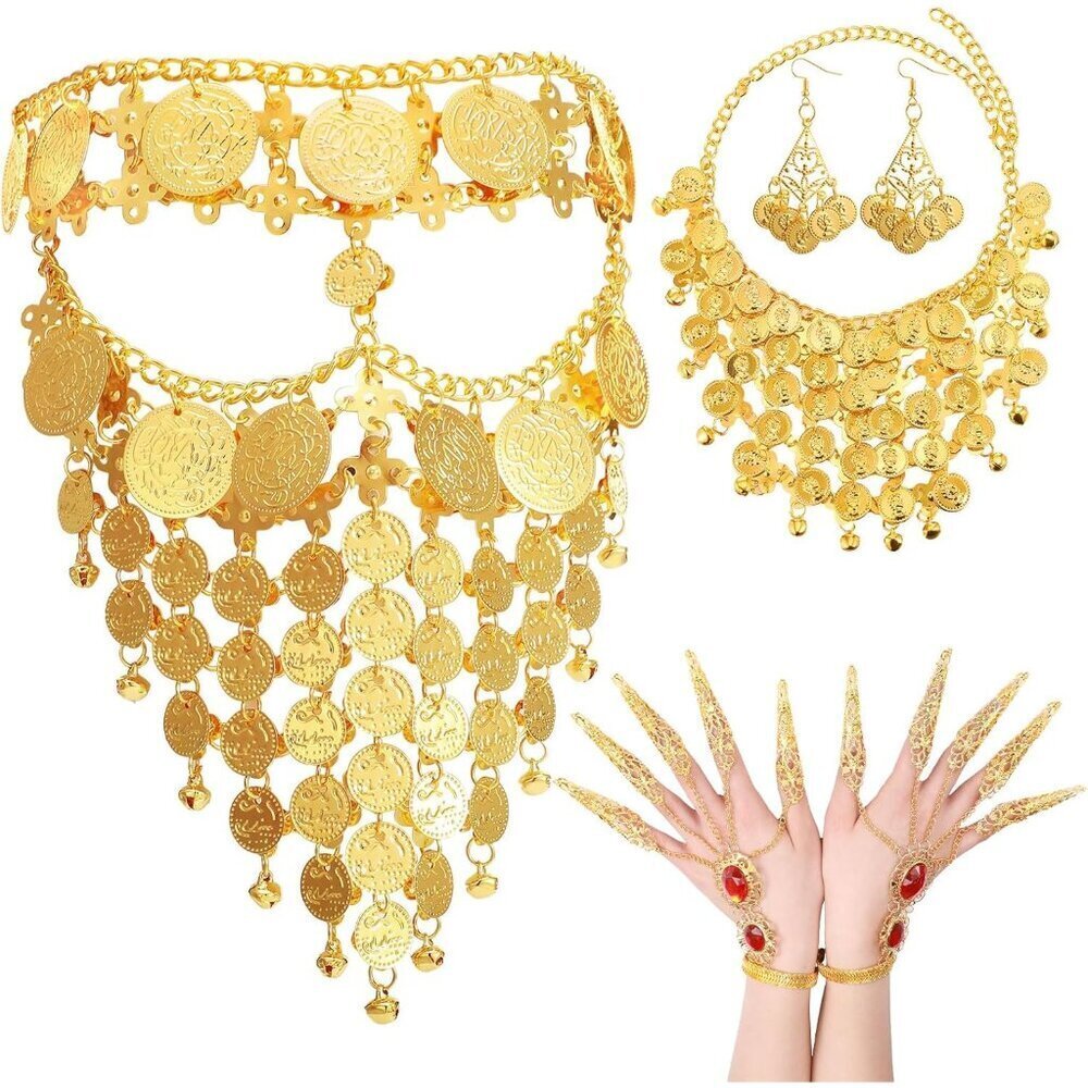 Belly Dance Jewelry Set Gold Coins Veil Necklace Earrings Bracelets for Women